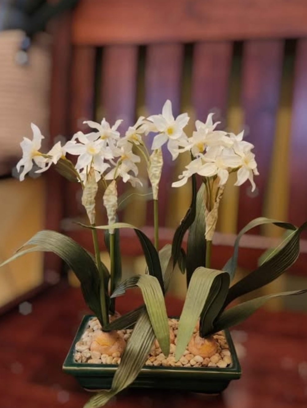 Faux White Flowering Plant & Bulbs in Green Pot